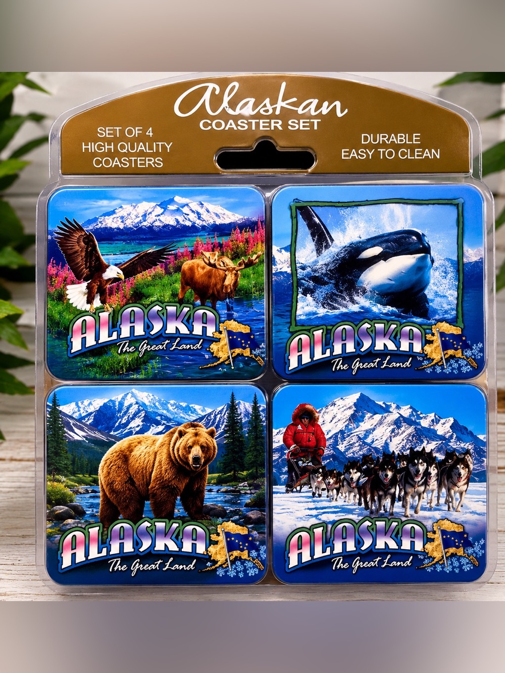 Alaska The Great Land Souvenir Coaster Set of 4 Denali Moose Bear Eagle New
